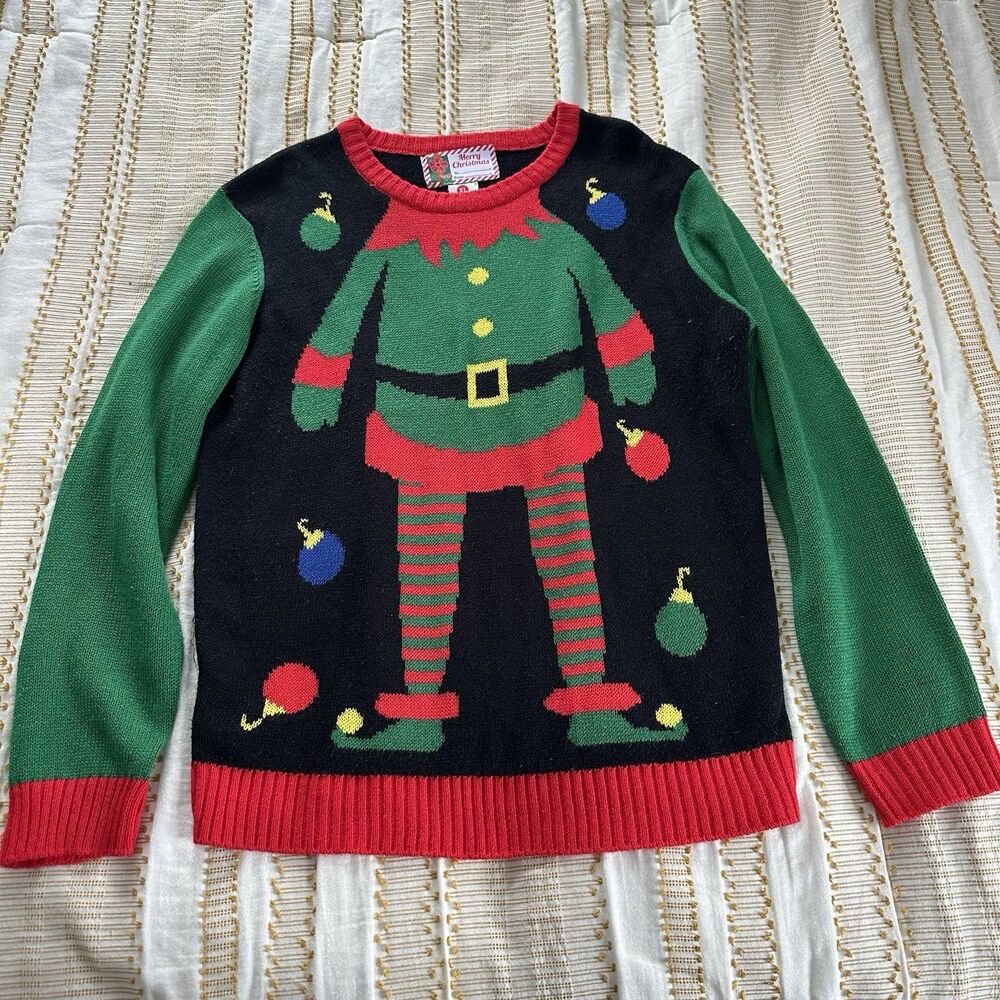 Ugly Christmas Sweater Elf Costume Design Green Red Holiday Knit Unisex Size XL